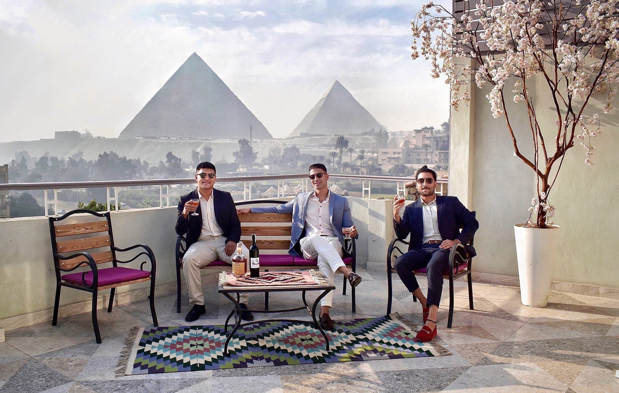 Rooftop terrace overlooking Giza Pyramids, Cairo